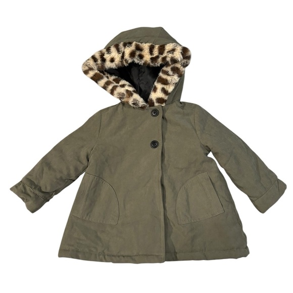 Tahari Olive Green Hooded Coat with Faux Fur Trim 12M - Picture 1 of 7